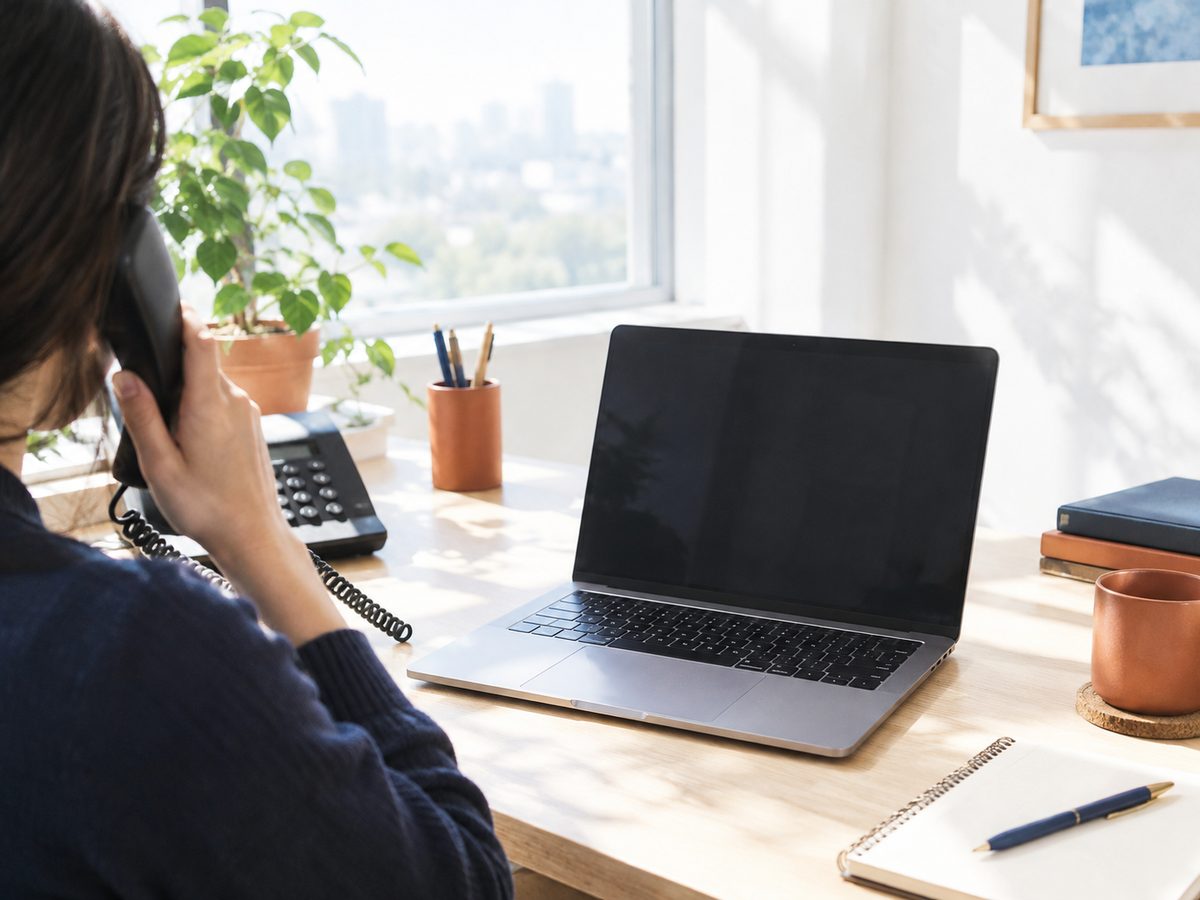 Account manager on a call at a tidy desk